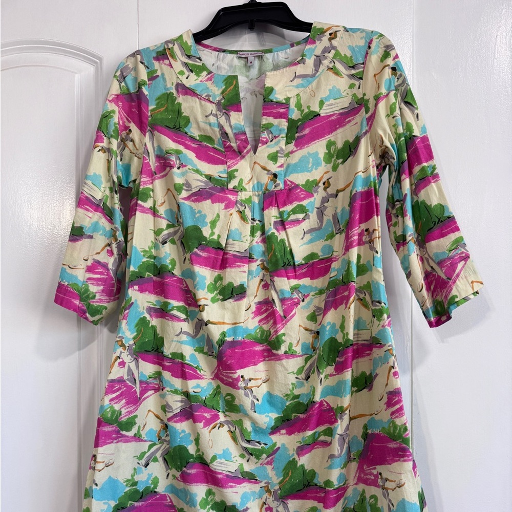 FRANCES VALENTINE Size Medium Shift Dress TENNIS PLAYERS PRINT  Cotton